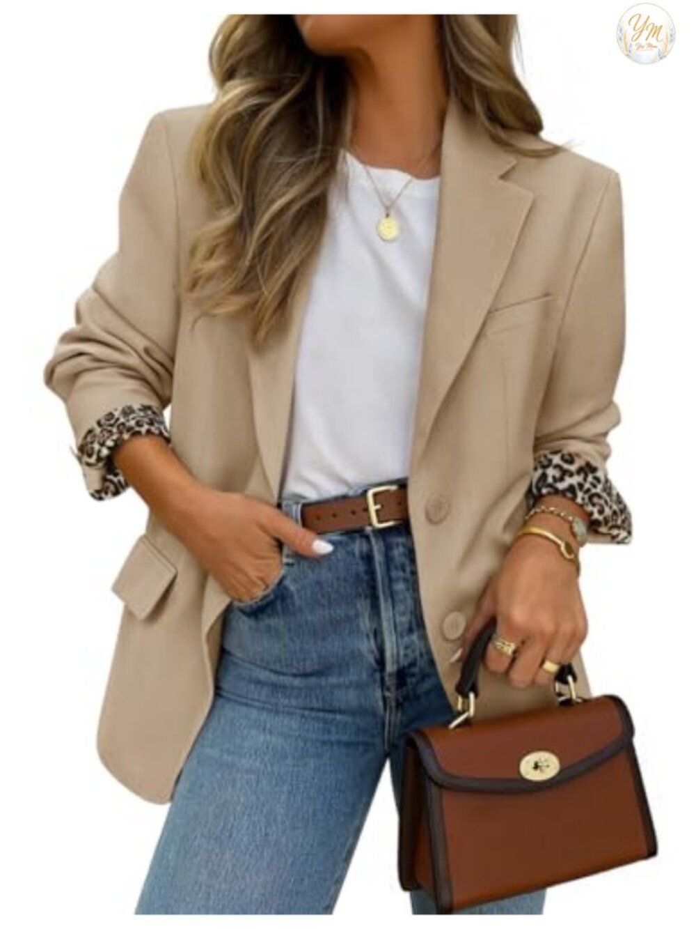 ZESICA Oversized Open Front Button Blazer Business Casual Leopard Lined
